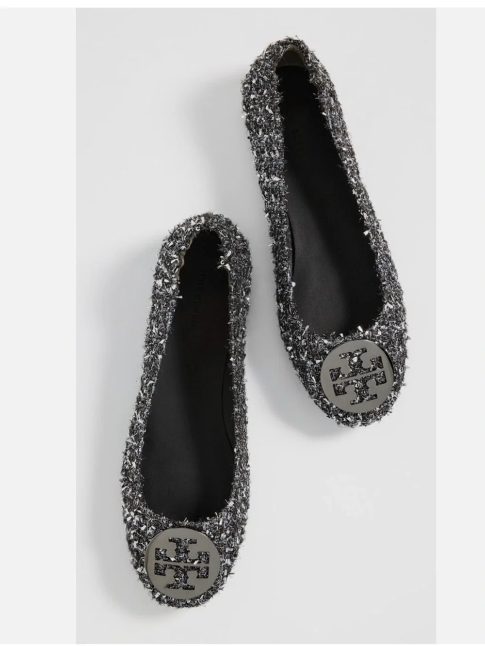 Tory Burch Silver Tweed Logo Ballet Flats